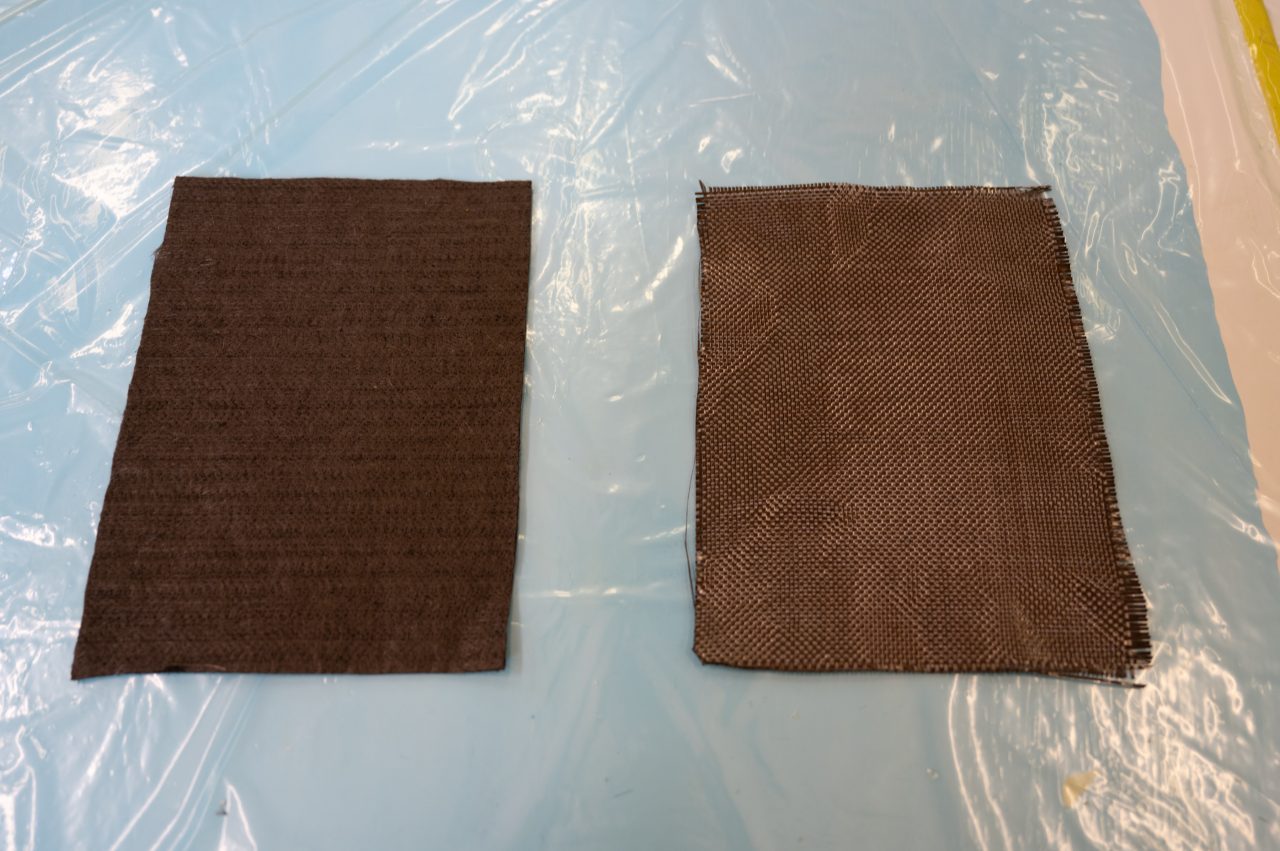 Two samples of recycled carbon fibre using different methods.