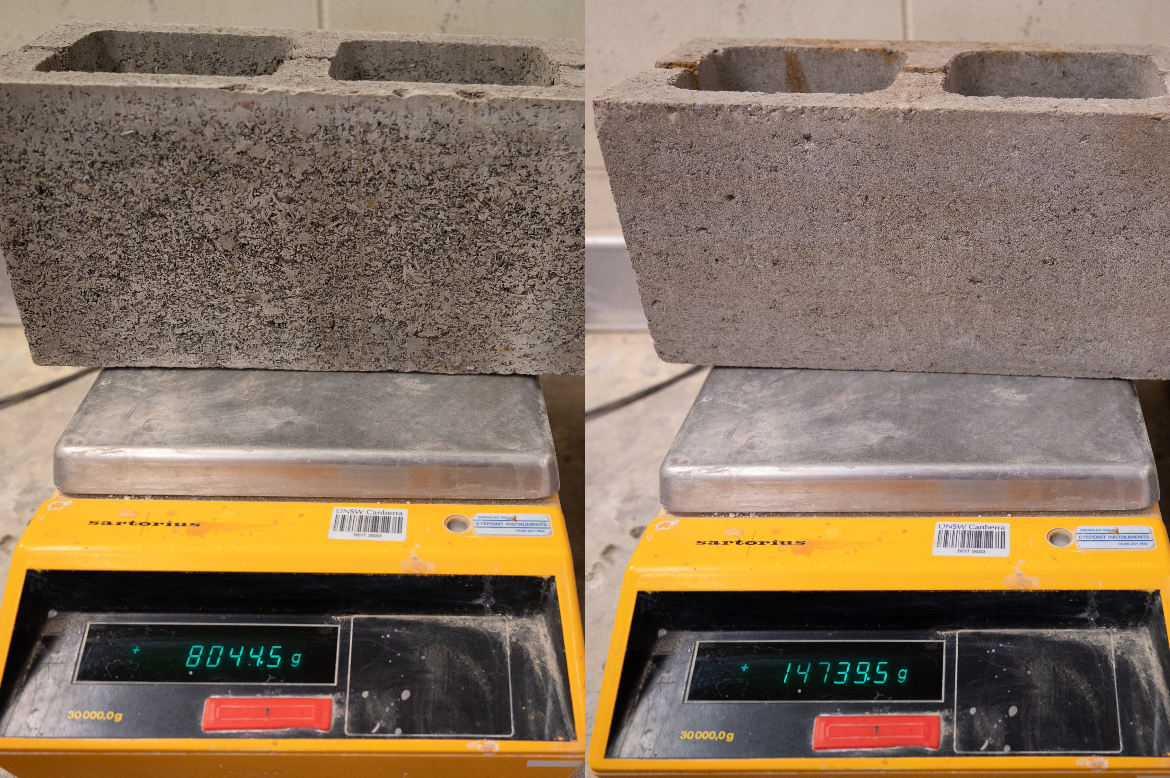 A comparison of the weight of the geopolymer cement bonded wood blocks in grams (8kgs) vs the weight of a traditional concrete block in grams (14.7kgs).